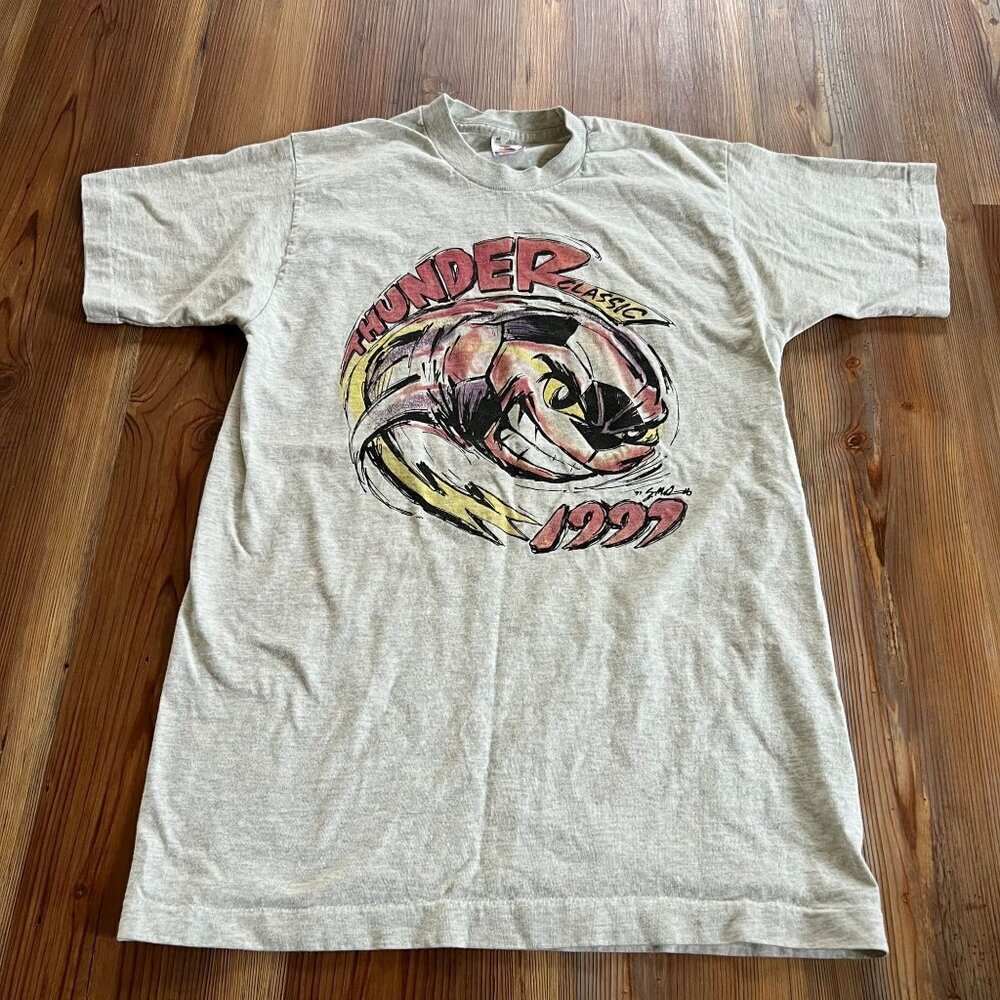 VTG 1999 Thunder Classic Soccer T-Shirt M Gray "Lightning Strikes" Brenham Texas